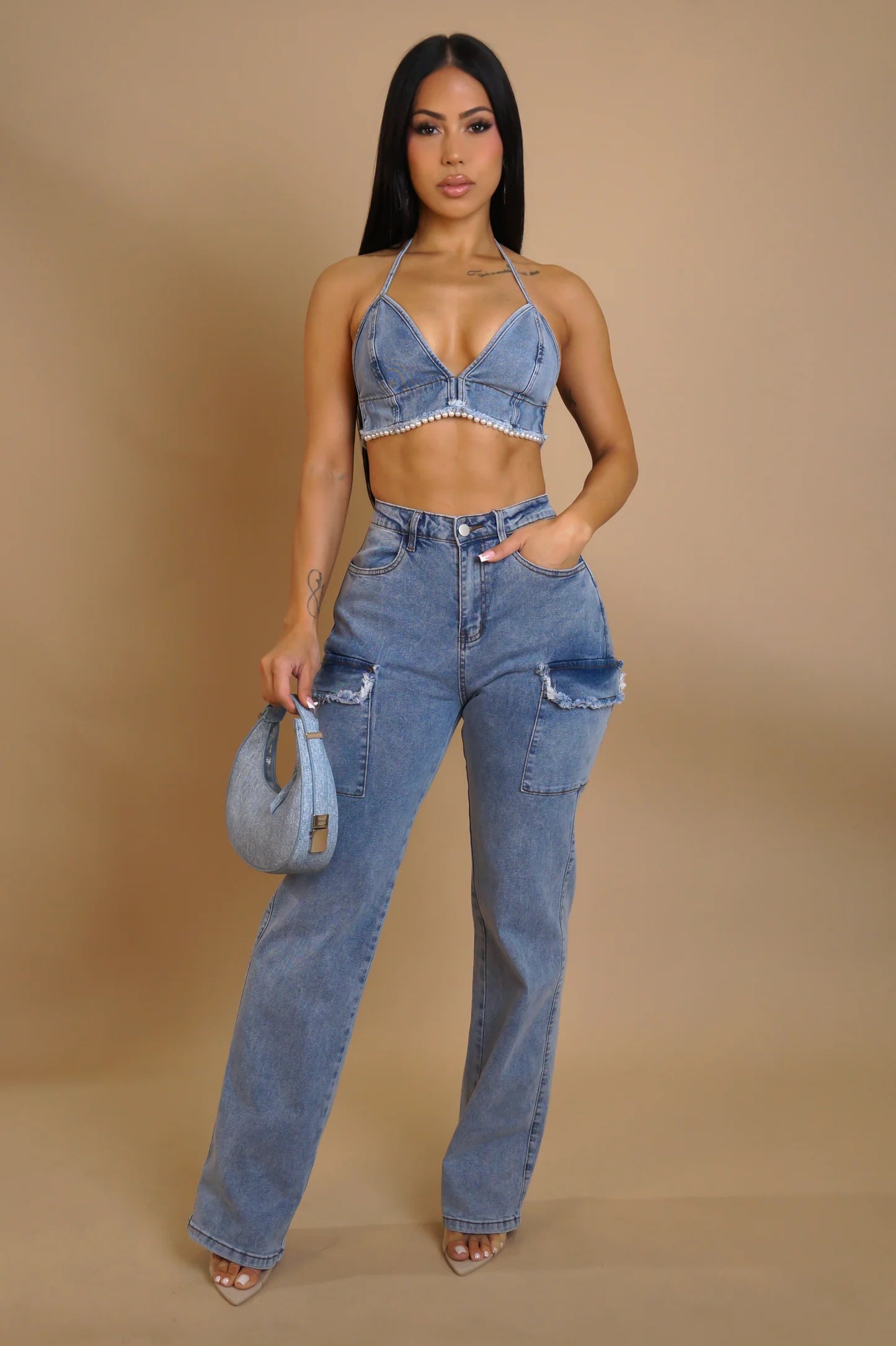 “Dolled in Denim and pearls” Two piece set
